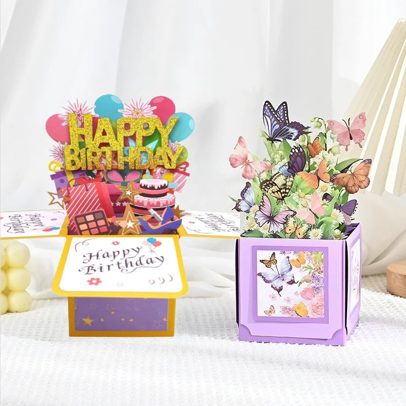 3D-Pop-Up-Geburtstagskarte, lila Schmetterlings-Blumen-Grußkarte mit Umschlag, kreatives Geschenk für Kinder, Erwachsene, Familie, Freunde – Detail 5