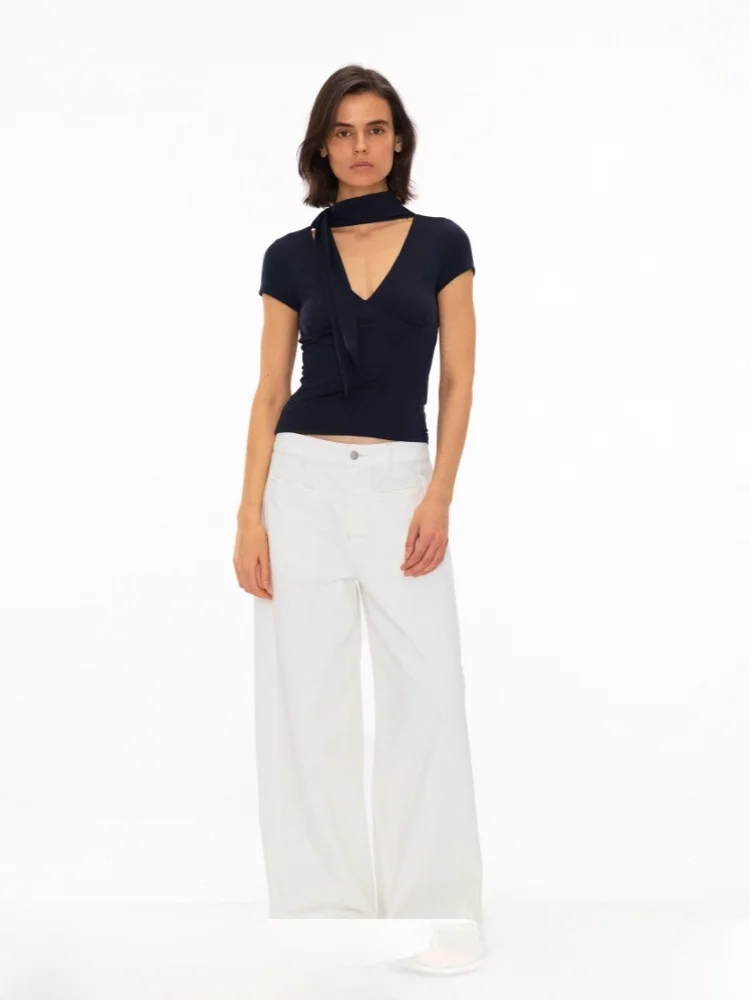 

Dapper Wide Jeans Loose Fit White Denim Pants Women's Spring Natural Waist Button Closure Comfortable Loose Leg Jeans