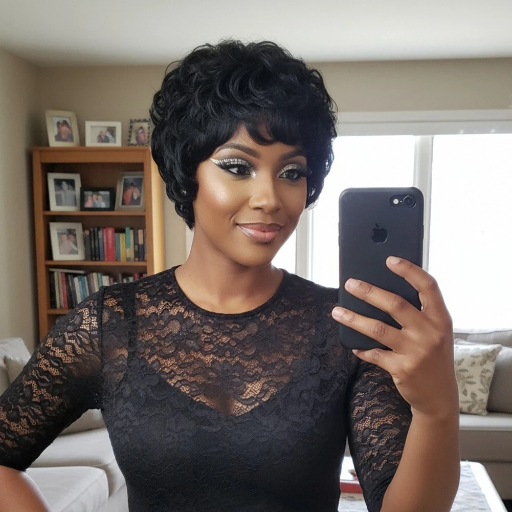 

150% Плотность Pixie Cut Парик Короткие вьющиеся стильные бразильские парики из человеческих волос Remy с челкой Кепка машинного производства для чернокожих женщин 6 дюймов