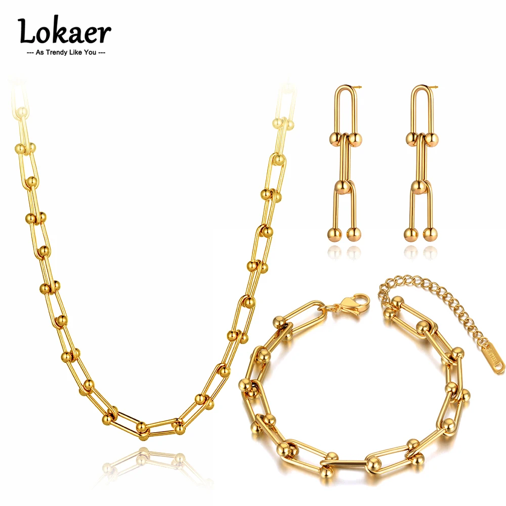 Hiphop/Rock Acero inoxidable geometría cadena enlace gargantilla colgante collar pulsera pendientes juegos de joyería para mujeres SE115