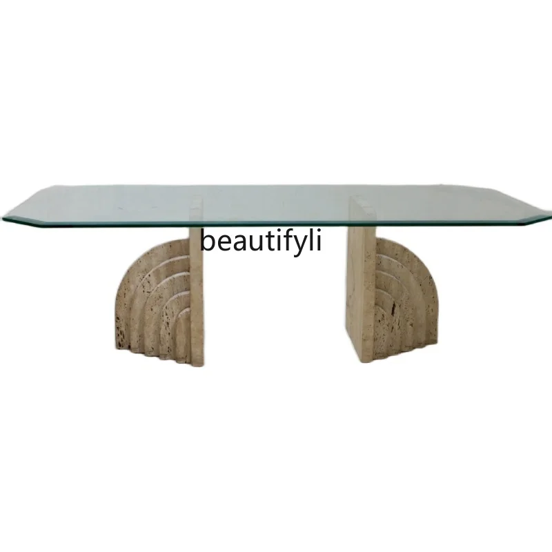 

Light luxury Italian natural travertine oval living room large coffee table luxury personalized model room design glass teatable