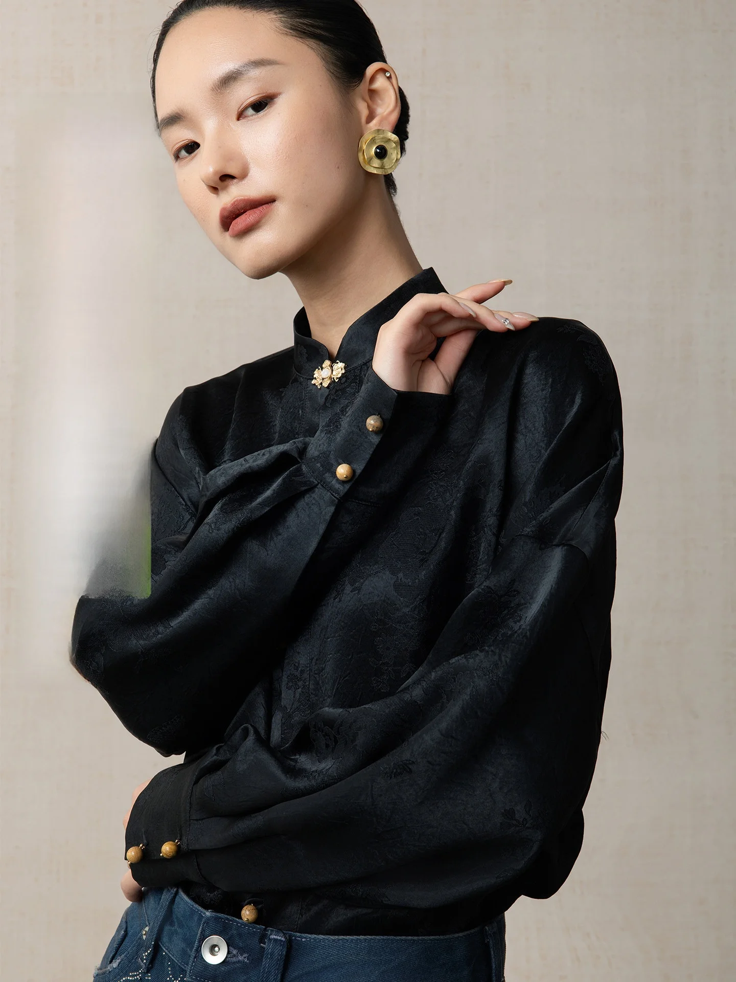 

Женская рубашка из 100% ацетатной ткани Anytime Cloud Tailoring высокого качества, новая, в китайском стиле, с воротником-стойкой и вышитой текстурой