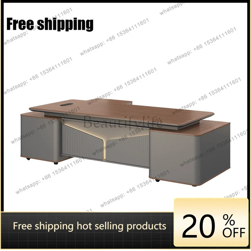 zj.Brown Wooden Executive Office Desk Storage Manager Adjustable Drawers Computer Desk Study Cheap Scrivania Work Station Table