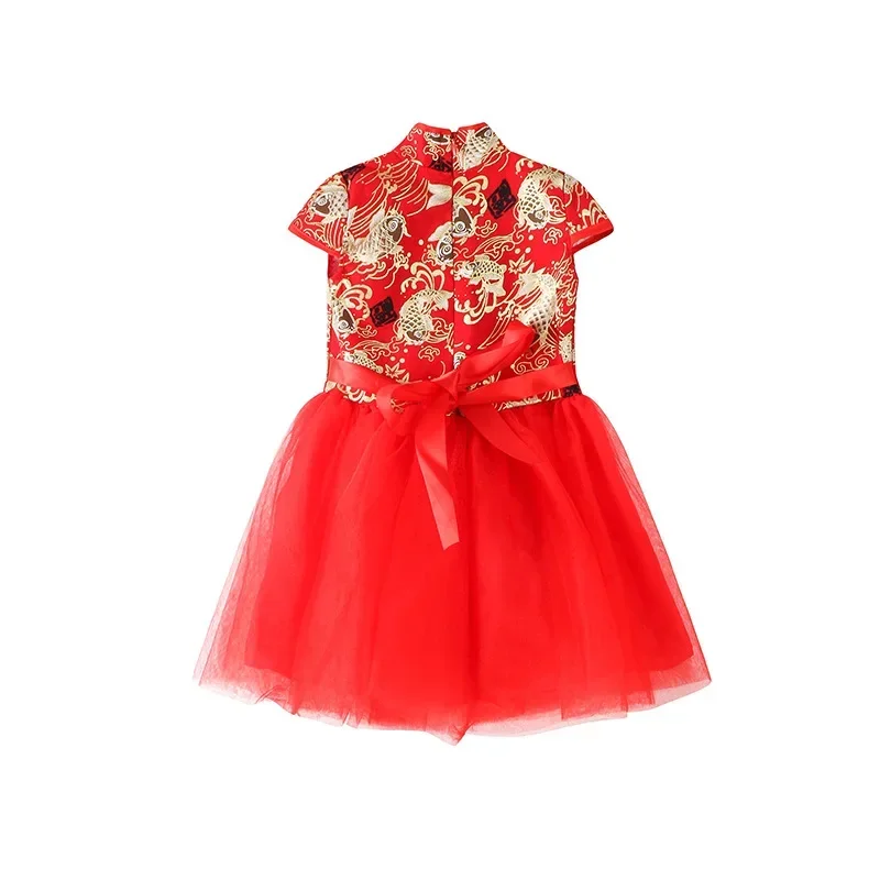 Rotes Sommerkleid für Kinder, Qipao, chinesische Mode, Performance-Cheongsam, Netzstoff, Prinzessinnenkleider, Tanzkleidung für Kinder, Vestidos – Detail 4