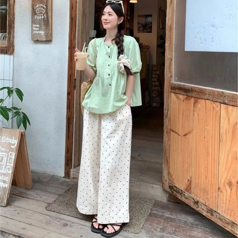 

Miiiix Korean Fashion Summer Green Pleated Bubble Sleeve Shirt Polka Dot Loose Wide Leg Pants Two-piece Set Female Clothing