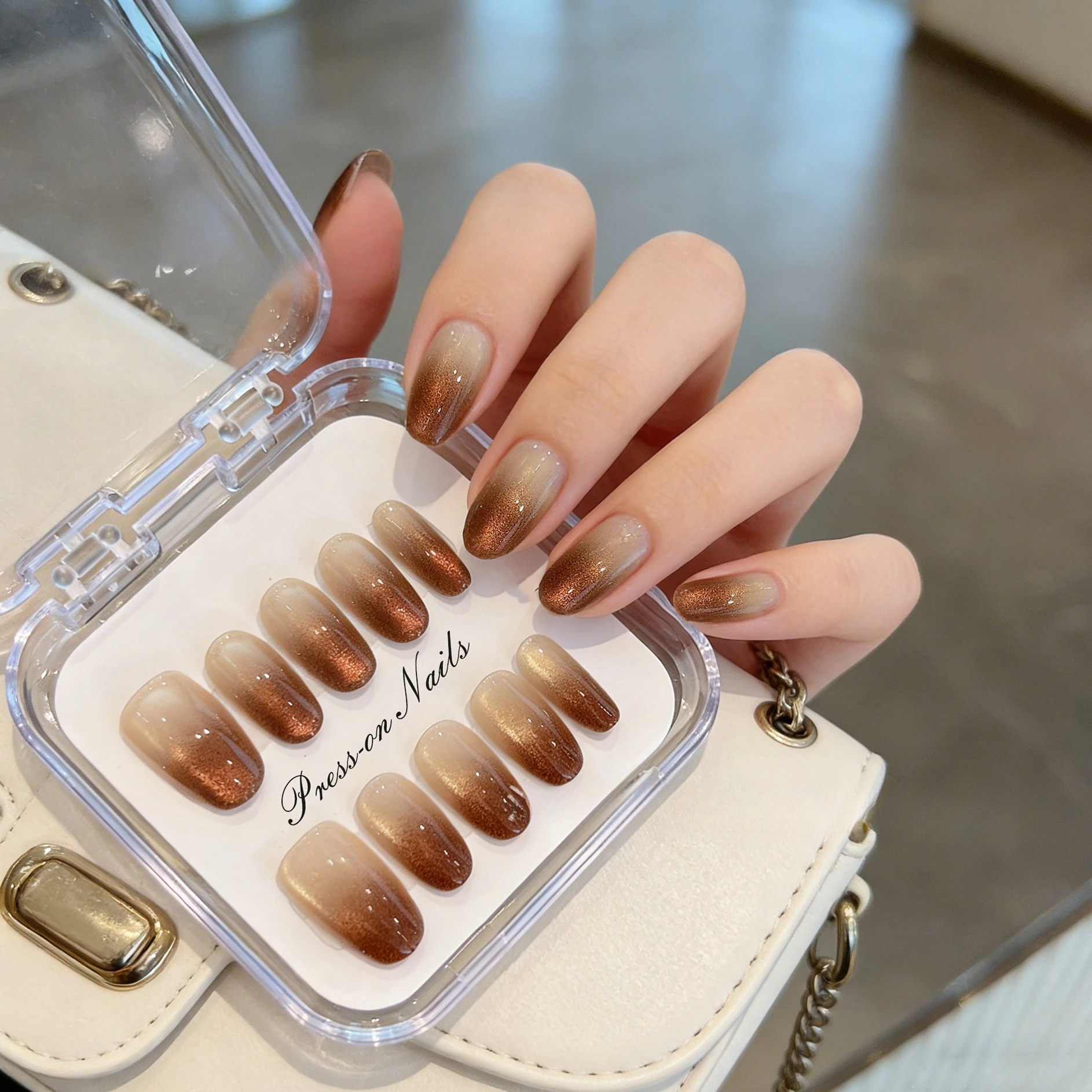 Handmade Press on Nails Pink Short Hand Paint Design Reusable Adhesive False Nails Acrylic with storage boxFull Cover Nail Tips