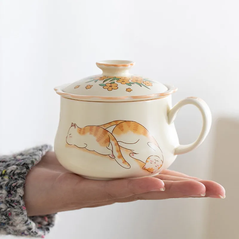 

Chinese Cute Cat Ceramic Tea Cup with Strainer Handmade Teacup Tea Water Separation Mug Household Coffee Cup Teaware 160ml