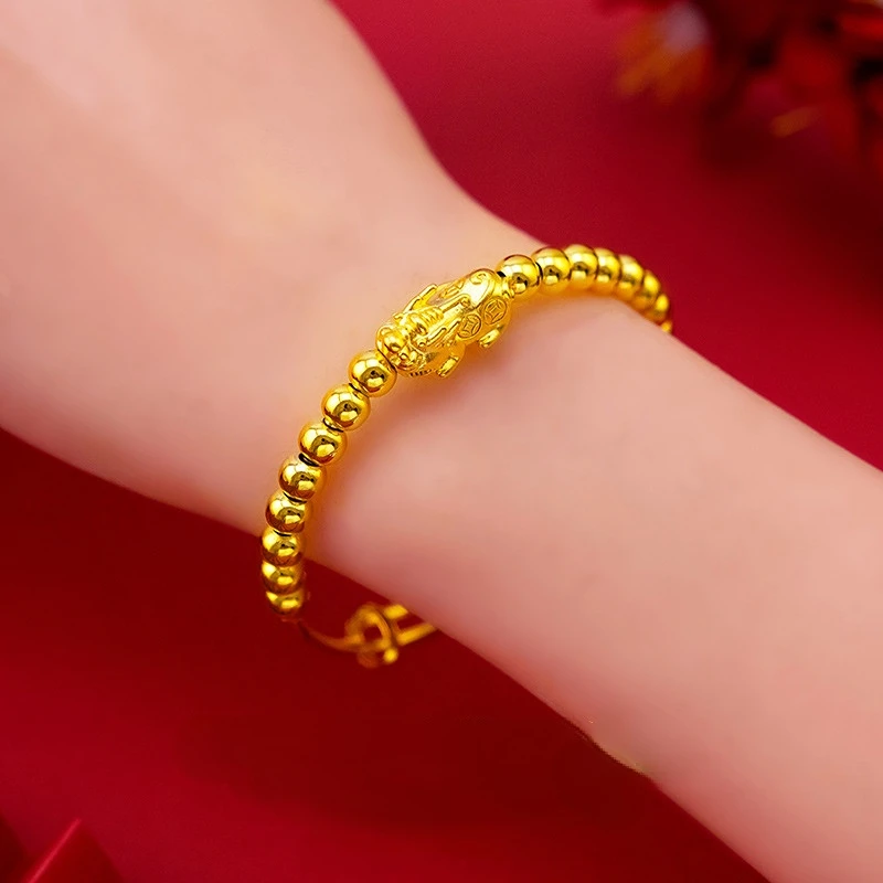 

Real 18K Gold Golden Bead Transfer Pixiu Bracelet Fine Jewelry Bangle Bracelets for Women Mom Baby Birthday Gifts