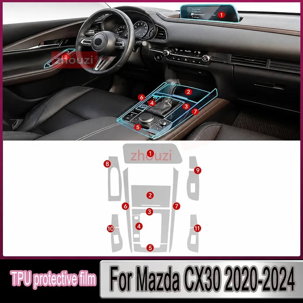 For Mazda CX30 2020-2024 Car Center Console Gear Panel Navigation Screen TPU Interior Protective Film Anti-Scratch Repair LHD