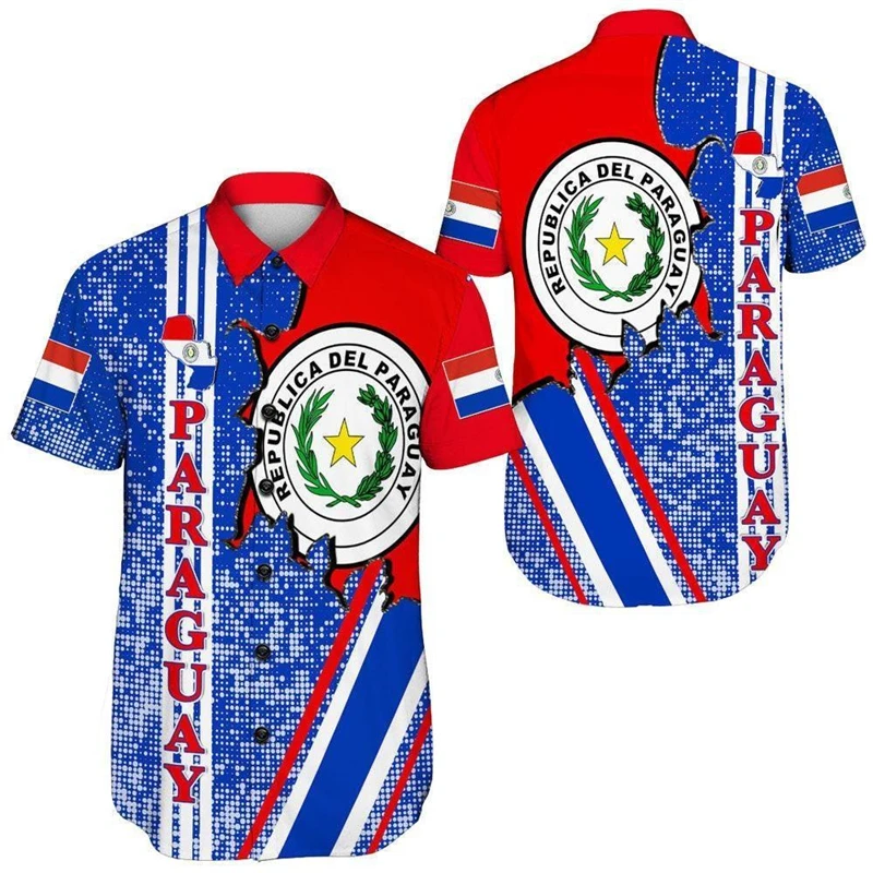 Paraguay Flag Map 3D Print Shirts For Men Clothes Casual Hawaiian Shirt National Emblem Lapel Blouse Coat Of Arms Short Sleeve