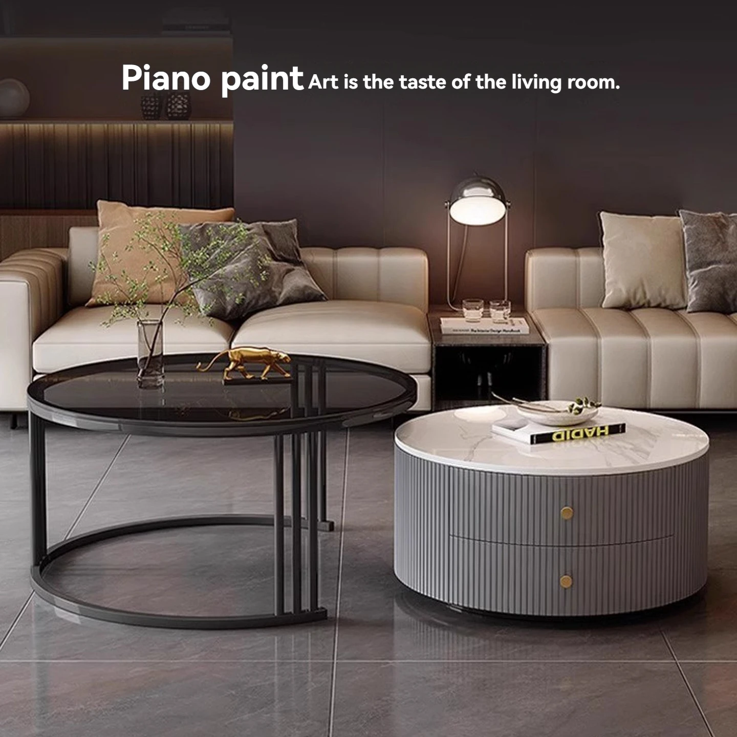 For Modern Round Nesting Coffee Table Fluted with Drawer for Home Living Room 31.5'' Extendable Coffee Table with Storage&Wheels