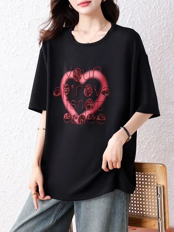 

September Stray Ink Casual Embroidered ort Sve T-irt Women Summer 2025 New Large Size Mid-Length Top Cotton Polyester ...
