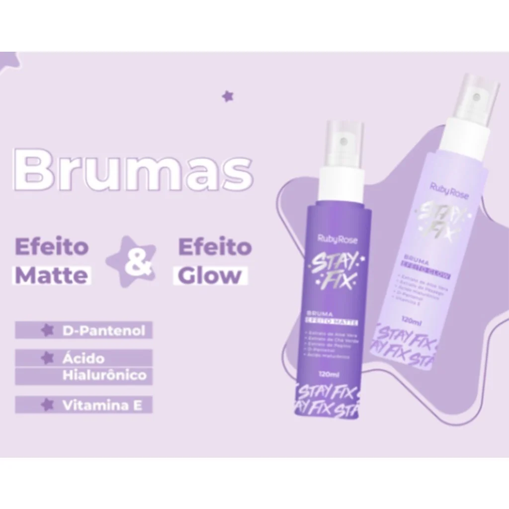 Bruma efeito glow linha stay fix Ruby Rose com ácido hialurônico 120ml