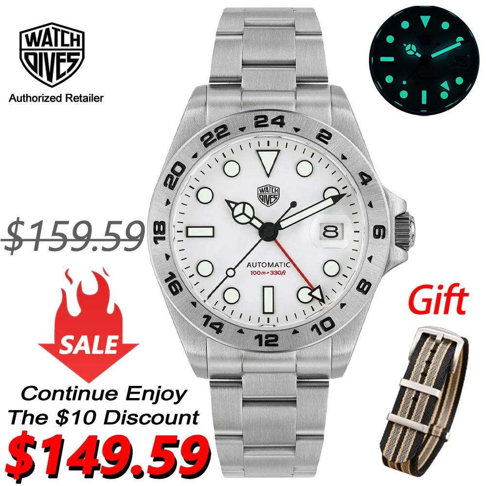 Watchdives WD16570 GMT Watch NH35 Movement Sapphire Crystal with Clear AR Coating 100m Waterproof Wristwatch 39mm GMT Watches