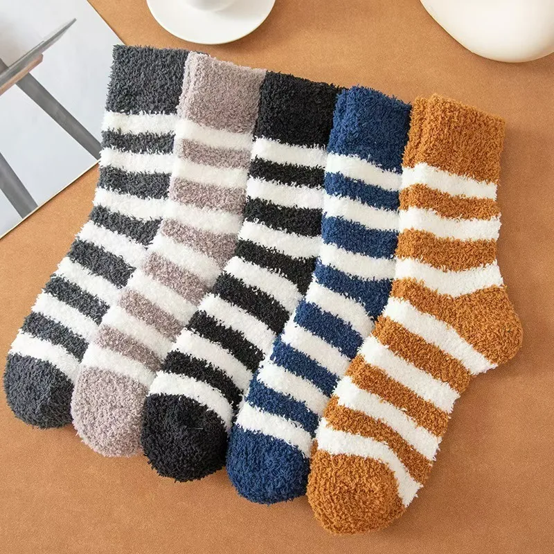 

5 Pairs Men's Striped Mid-Calf Socks Winter Thermal Thick Warm Floor Fluffy Socks Home Man Soft Sleeping Hot Socks Set Wholesale