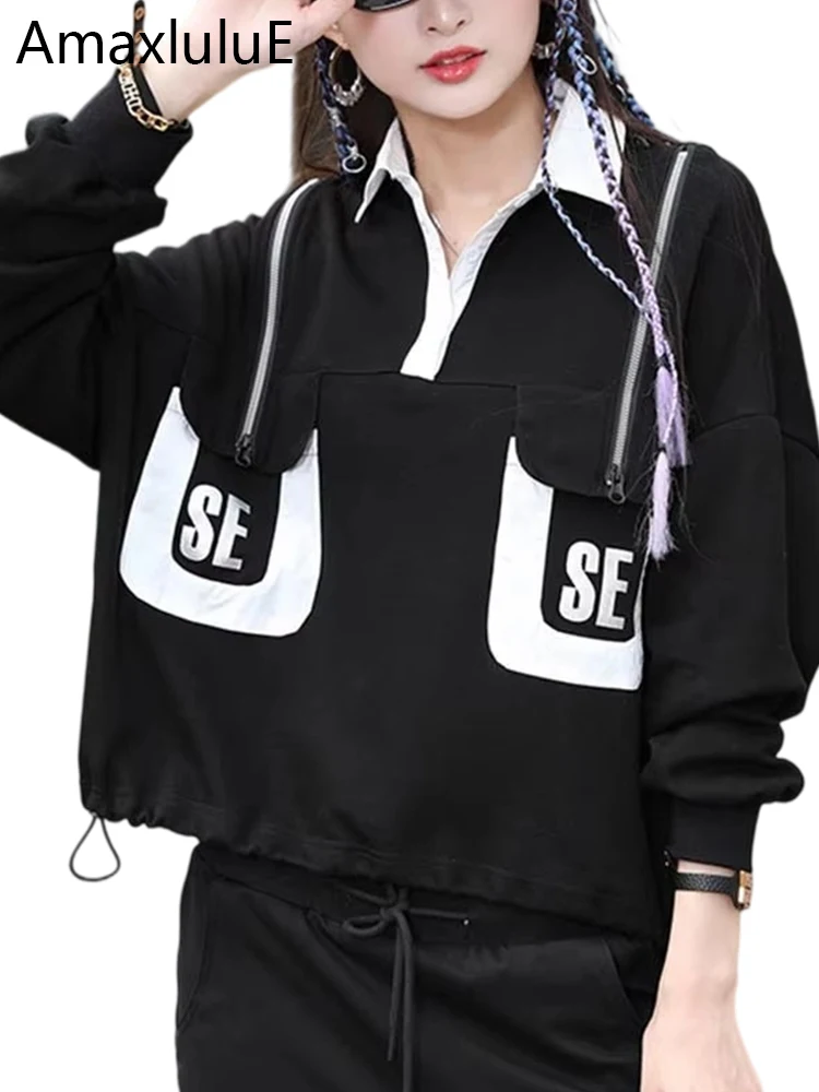 

Amax luluE Women Fashion Patchwork Zipper Design Tops 2024 Spring Korean Style Ladies Loose Casual Punk T-Shirts Vintage Clothes