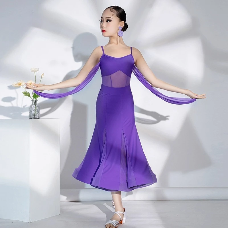 Purple Waltz Ballroom Dance Dress, Girl Latin Dance Competition Dress, Children's Party Performance, Modern Dance Dress