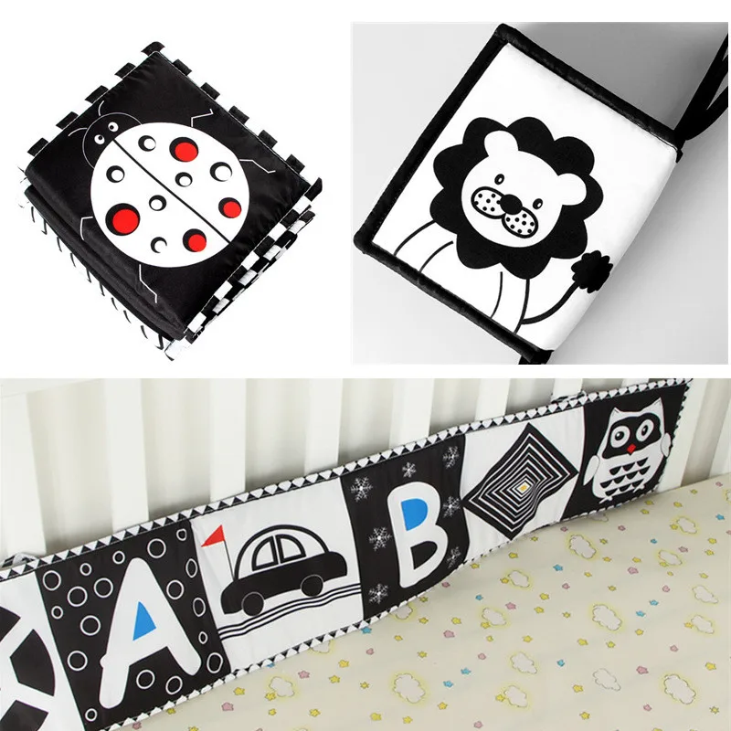 Sensory Cloth Book Newborn Bed Bumper Around Toy Sticker Crib Play Mats High Contrast Black and White Animal Hanging Quiet Books