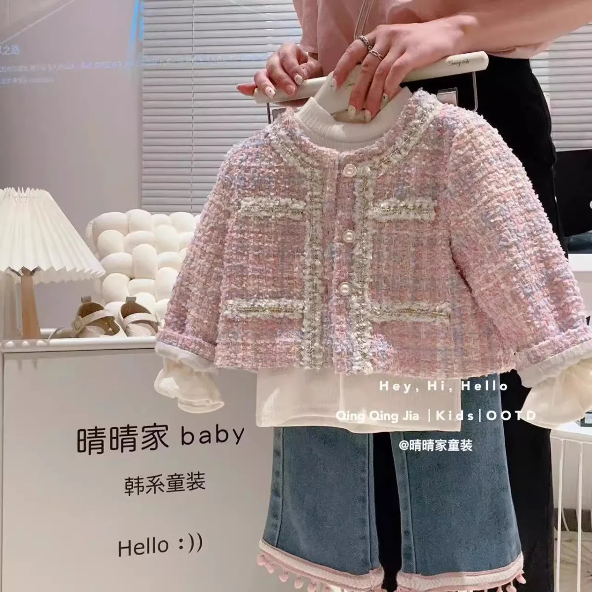 Girls' Short Coat Spring and Autumn Children's Sweet Long Sleeve Fashion Korean Version Coarse Woolen Top