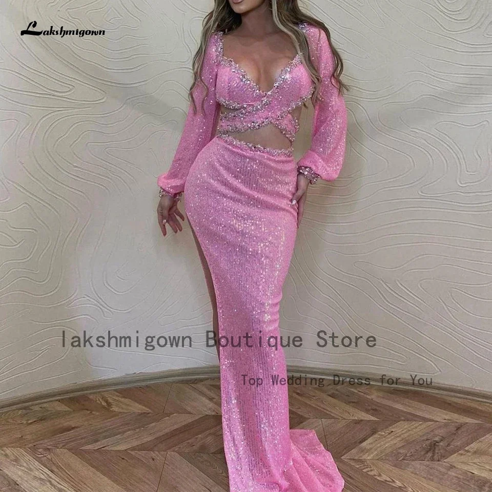 Lakshmigown Luxury Pink Sequin Puffy Long Sleeve Evening Gowns 2025 Crystal Beading Chrismas Dress Arabic Women Prom Dresses