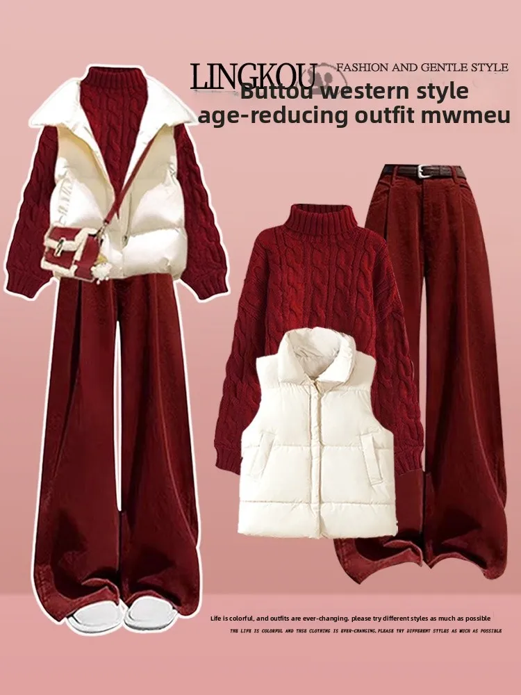 

Christmas Red Knitted Sweater Cotton Jacket Vest Casual Pants Three Piece Set Large Size Autumn Winter High End Feeling Women...