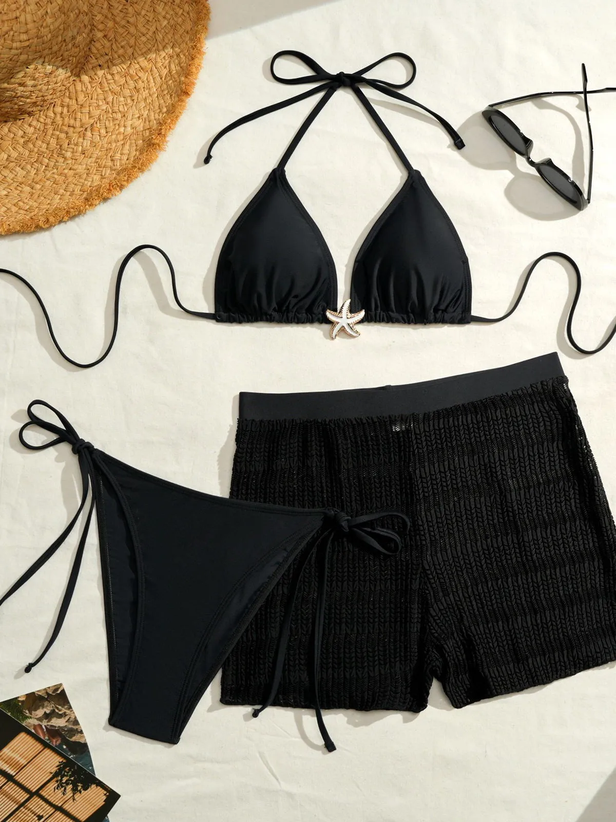 セクシーなツーピース水着 2026 三角ビキニ＆チーキーボトムス 夏用 ブラックソング メッシュ シースルーショーツ 水着 女性用 ロパ