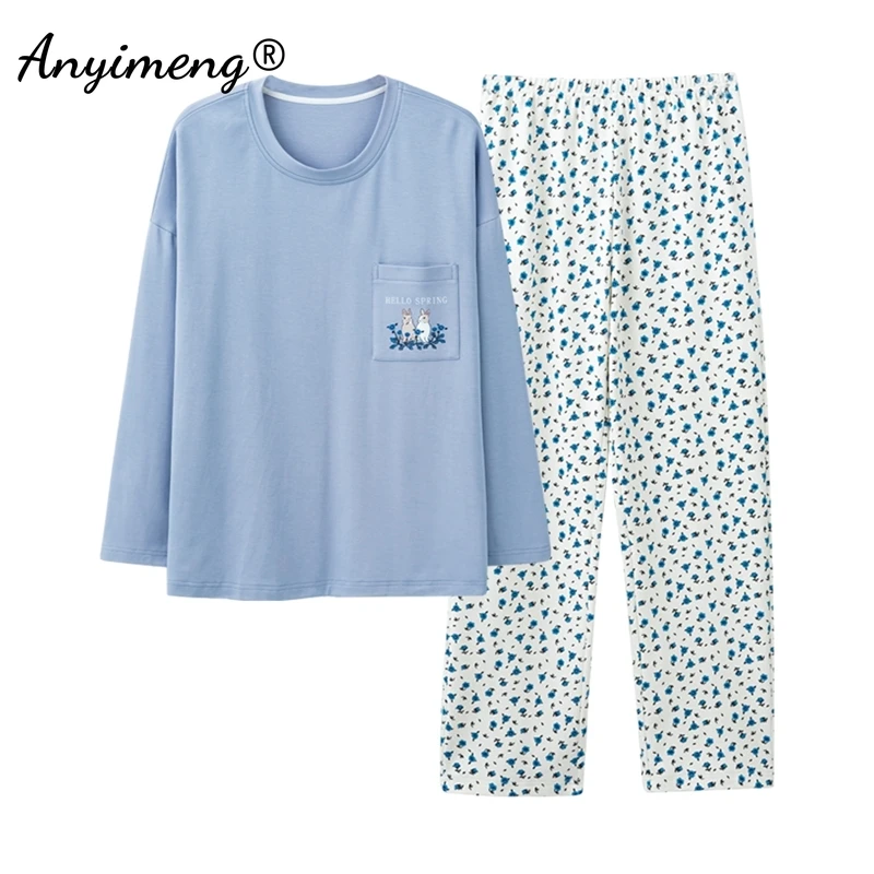 Spring Autumn Cotton Pajamas for Women Round Neck Pajama Sets Long Sleeve Long Pants Pijamas Fashion Homewear for Girl