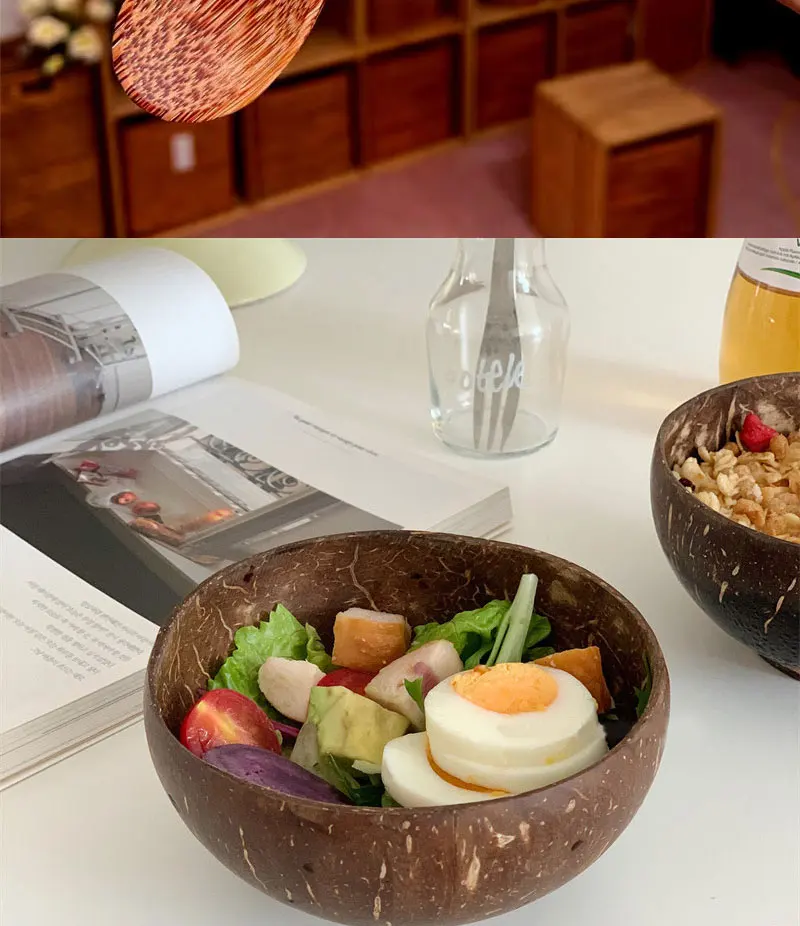Natürliches Kokosnuss-Schalen-Set Handgefertigtes Holzgeschirr Holzlöffel Dessert-Obst-Salat-Mischschale Ramen-Aufbewahrungsschale Küchengeschirr – Detail 7