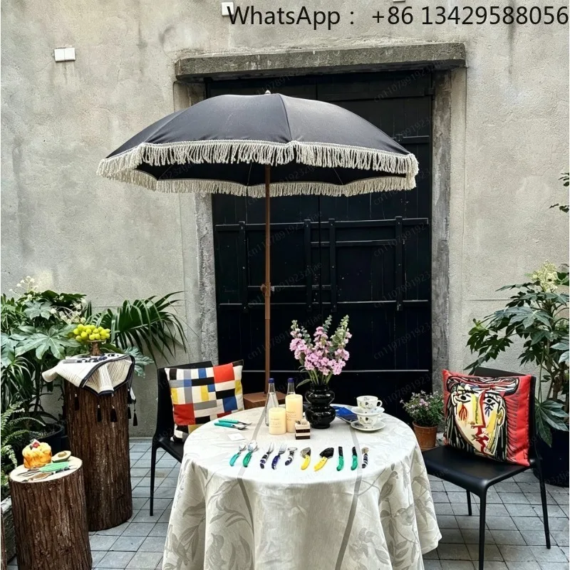 Tassel Umbrella, Patio Sun Shade with Fringe, Pool Terrace Sunscreen Parasol, Outdoor Roman Style Garden Umbrella for Summer