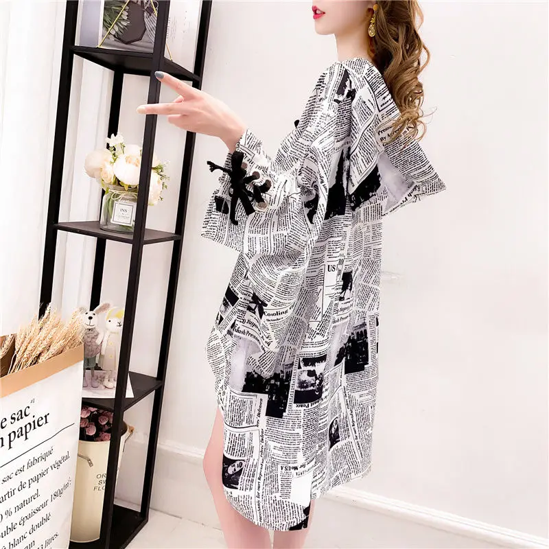 

Summer New Lacing Hollow Oversized T Shirt Tops Medium Long Print Irregular Hooded Pullovers Casual Vintage Women Clothing