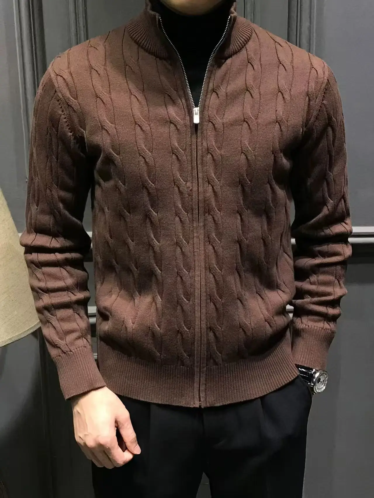 

Men's Zipper Collar Knitted Sweater Casual Sle Twist Pattern Slim Fit Long Sve Warm Elastic Comfortable Spring Autumn Ja...