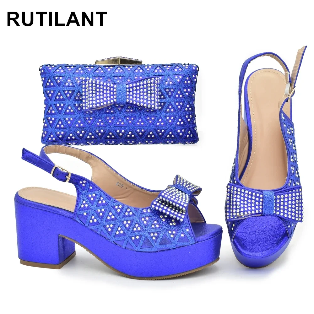 

New Fashion Blue Shoes and Bags Sets Decorated with Rhinestone Wedges Shoes for Women Italian Shoes and Bags Matching Set