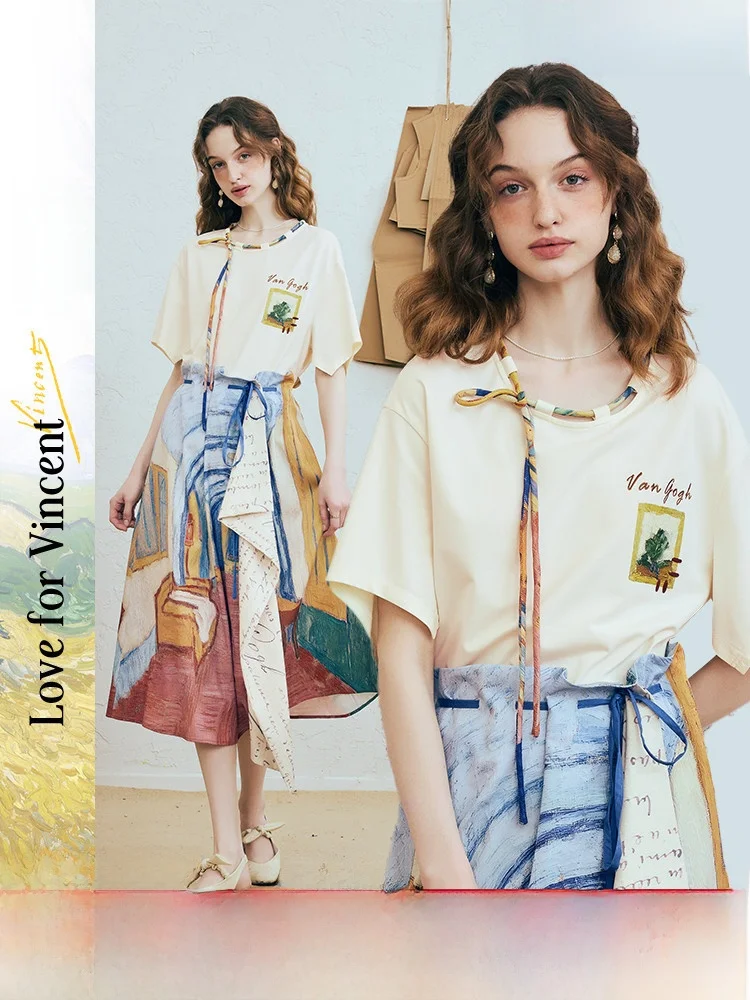 

Новая женская футболка Van Gogh Artistic Summer с принтом, свободного кроя, с бантом из цветной веревки, из смесового хлопка и полиэстера