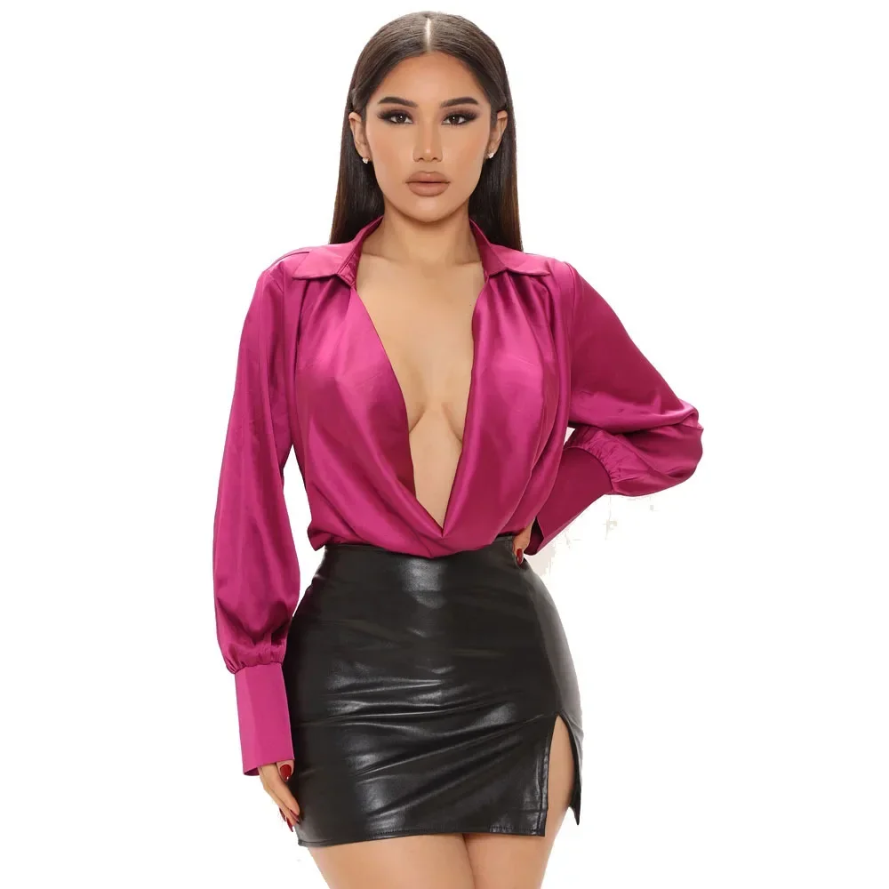 Prowow Elegant Office Lady Blouses V-neck Sexy Long Sleeve Spring Summer Women Shirts 2023 New Solid Color Female Tops Clothes