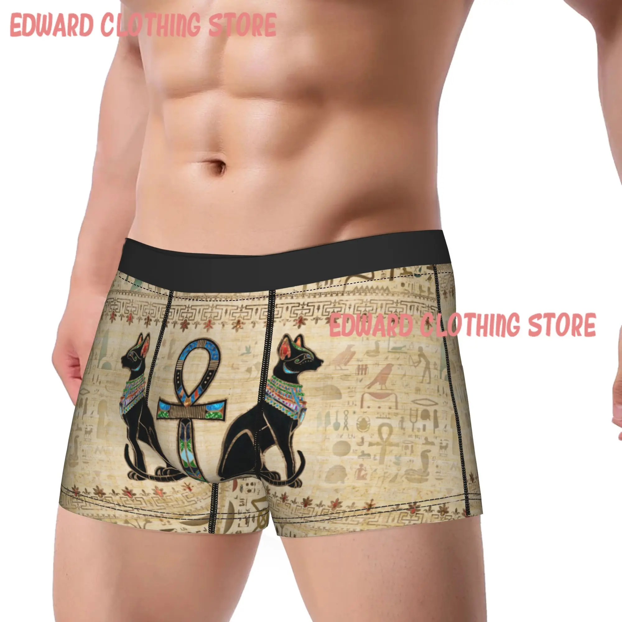 Men Egyptian Cats and Ankh Cross Underwear Ancient Egypt Boxer Briefs Shorts Panties Homme Mid Waist Underpants Plus Size