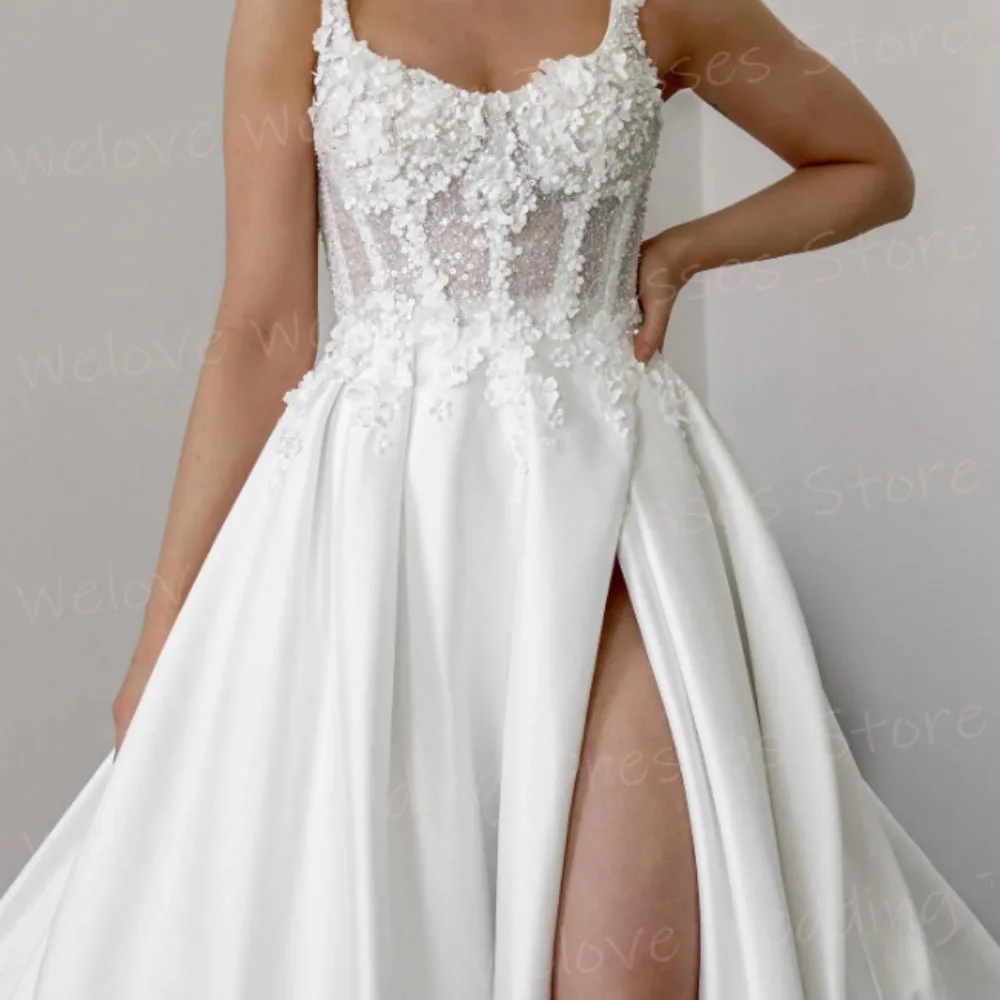 Vestidos de novia de corte A con cuello cuadrado para mujer, Vestidos de novia con apliques de encaje elegantes, Vestidos de novia Sexy con abertura lateral alta