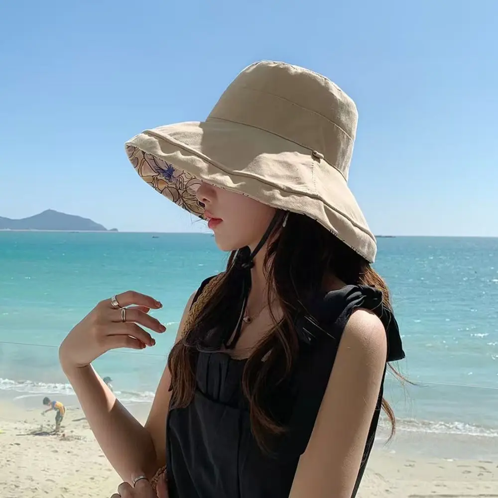 Fashion Double-Sided Printed Sun Hat UV Protection Large Brim Bucket Hat Breathable Sun Protection Beach Cap for Women