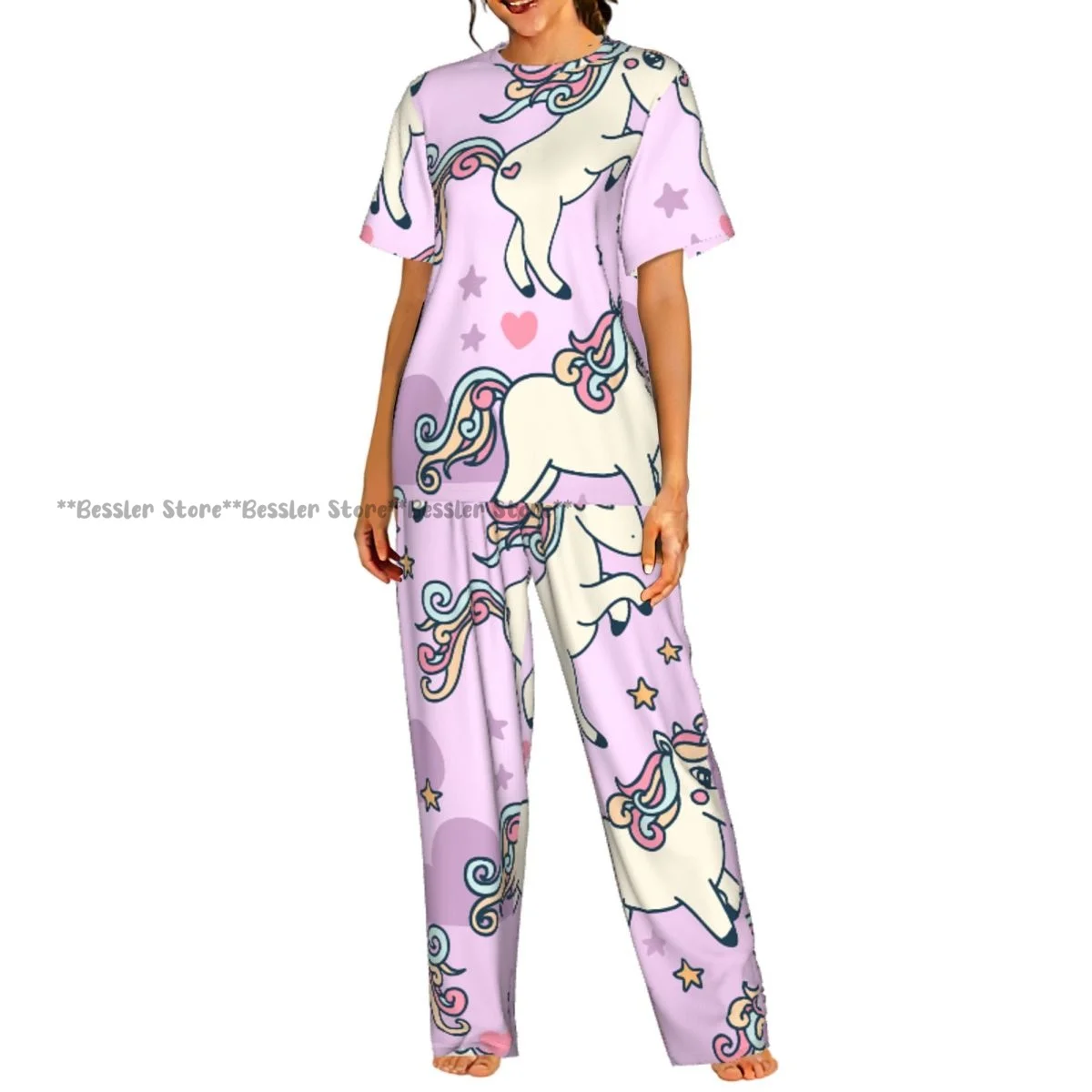 

Women's Pajamas Set Cute Unicorn And Stars Pink Print Short Sleeve Sleepwear 2 Piece Homewear Loungewear