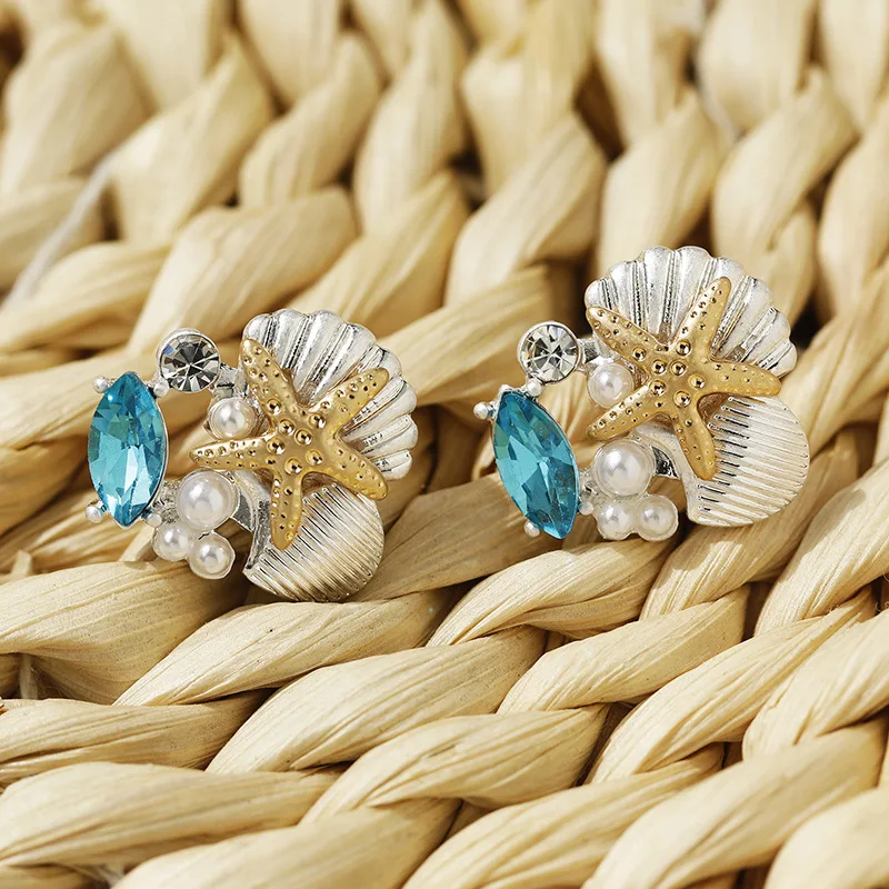 Starfish earrings metal shell imitation pearls fashionable simple retro good-looking earrings suitable for ladies to wear daily