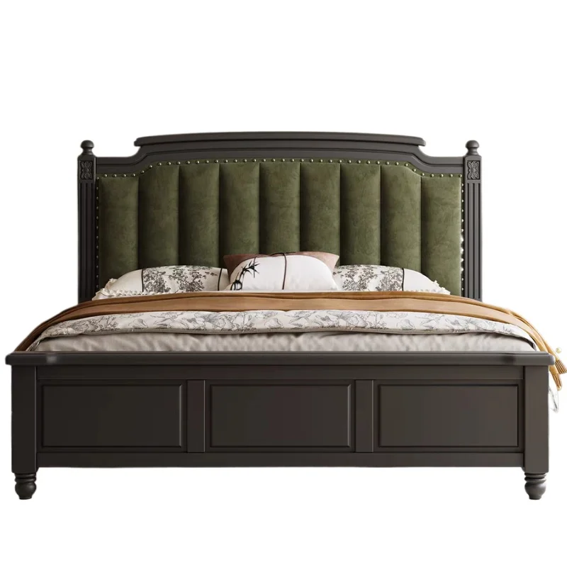 

American retro black, solid wood French green flannel soft bag high box storage princess bed