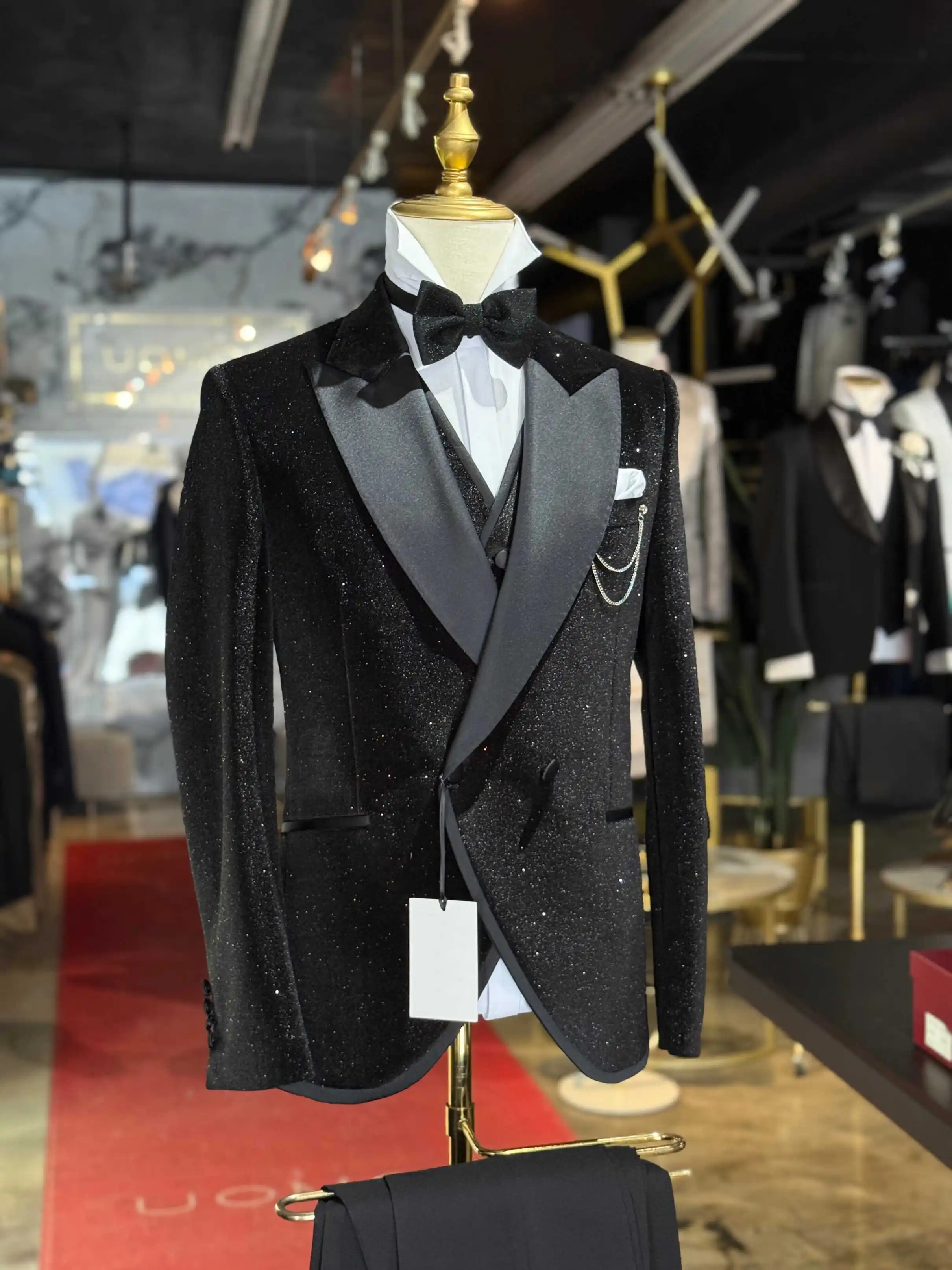 Luxurious Glitter Men Formal Suit 2‑Piece Set Satin Peak Lapel Double Breasted Pocket Chain Wedding Tuxedo Jacket Trouser Custom