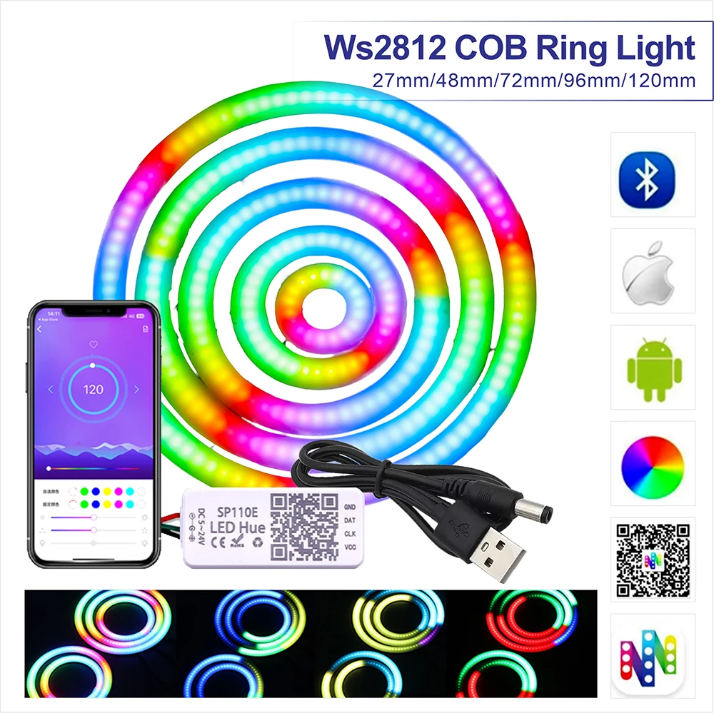 WS2812 COB Angel Eyes Ring Light RGB Individually Addressable DC5V USB Bluetooth APP Controller