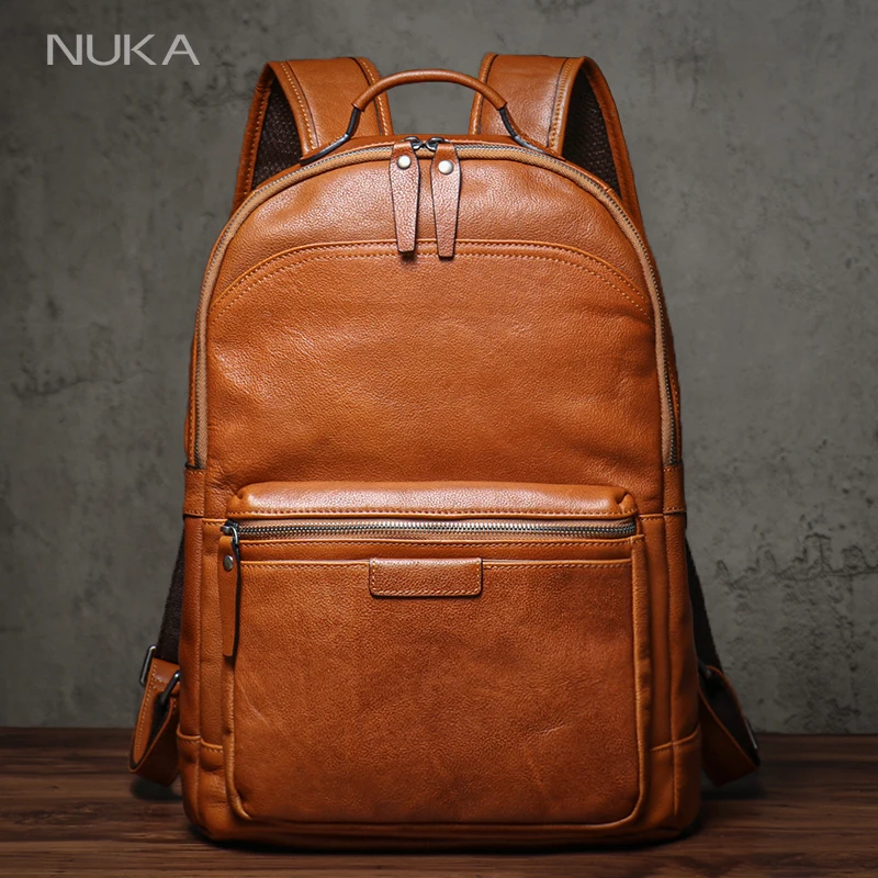 NUKA High Quality Genuin Leather Backpack Men's Retro Weekend Travel Bag Women's Deluxe Natural Cowhide Schoolbag For 16” Laptop