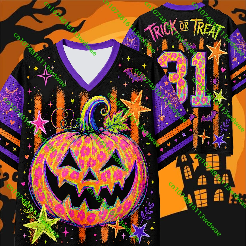 Horror Pumpkin Halloween Girls Mesh Jersey Loose Sport Trendy Women Leisure Halloween Costume Party Cheers Adult Top T-shirt