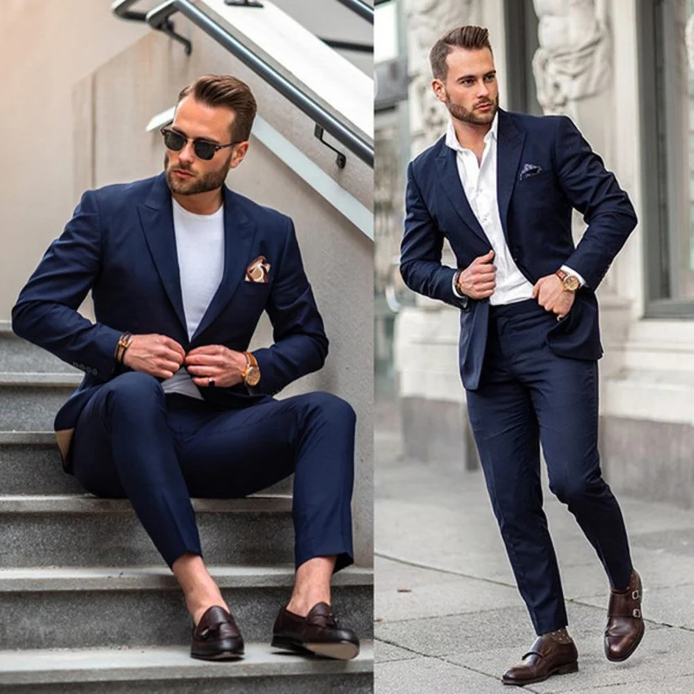 

Fashion Men Suits Navy Blue Peak Lapel Solid Color Male Blazer Wedding Groom Business Casual Formal Tuxedo Suit Set Slim 2 Piece