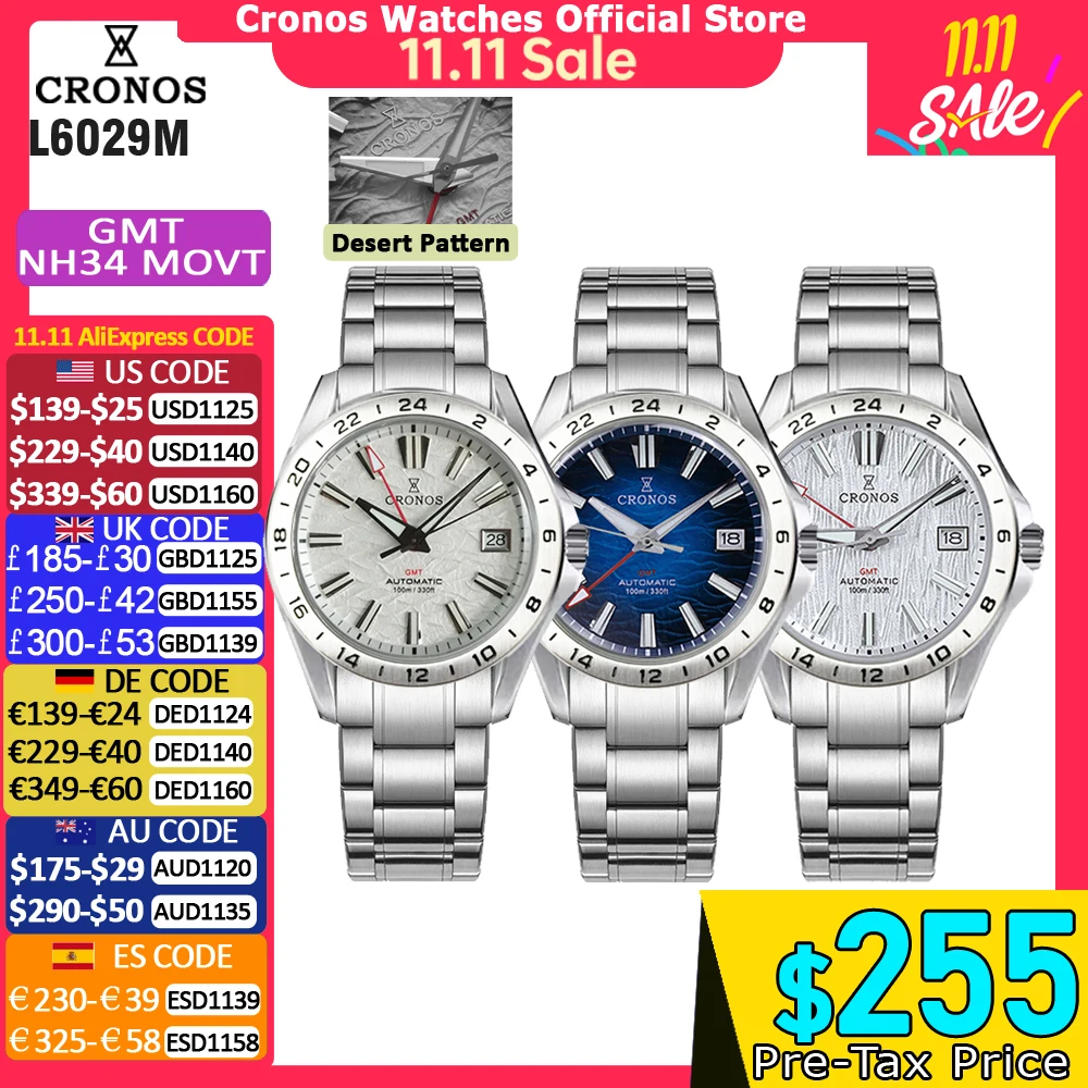 Cronos GS Mechanical Men Watch 39mm Birch Pattern GMT NH34 Automatic Bubble Sapphire Glass Brushed Bracelet 10ATM  L6029M