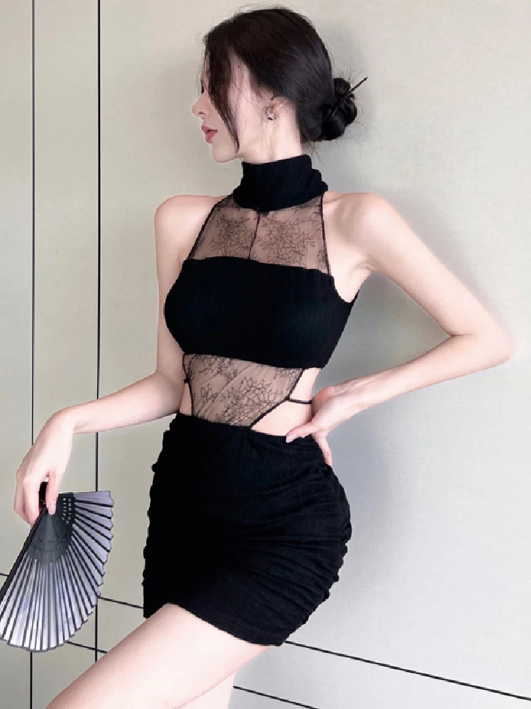 

Сексуальное облегающее платье с вырезами на талии и кружевным дизайном, черное, с высокой талией, А-силуэт, для женщин