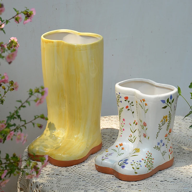 Charming Yellow Rain Boot Planter Vase | Handcrafted Medium-Temperature Porcelain | Unique Flower Pot | 18x15.5x29cm