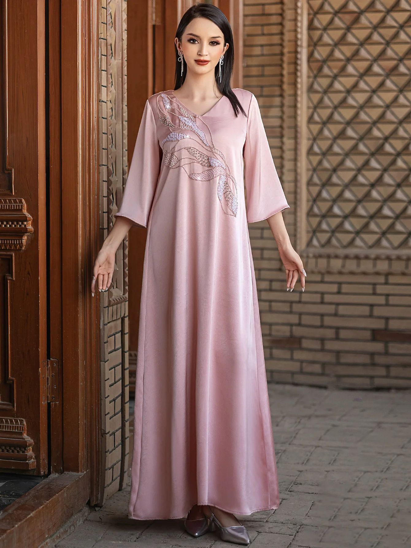 

Polyester Muslim Abaya for Women Summer Elegant Orange Blue Pink Green Muslim Women Long Sleeve V-neck Polyester Long Abaya