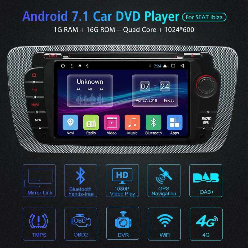 2 Din Android 7.1 Car DVD Multimedia Player for Seat Ibiza 2009-2013 GPS Navigation OBD2 RDS Radio Video Audio Player